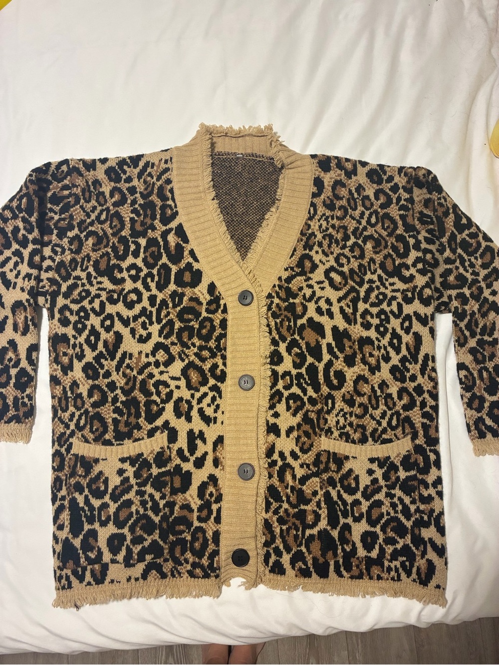 Leopard Print Button-Front Cardigan Sweater - Tan/Black size M/L - Picture 7 of 8
